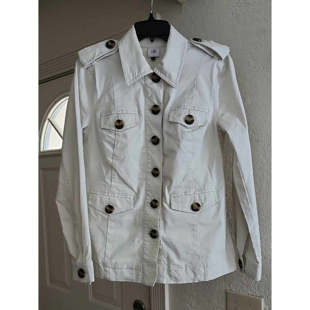 Cabi Kenya Utility Safari Jacket in Bone Ivory Sz S Tortoise Button Safari